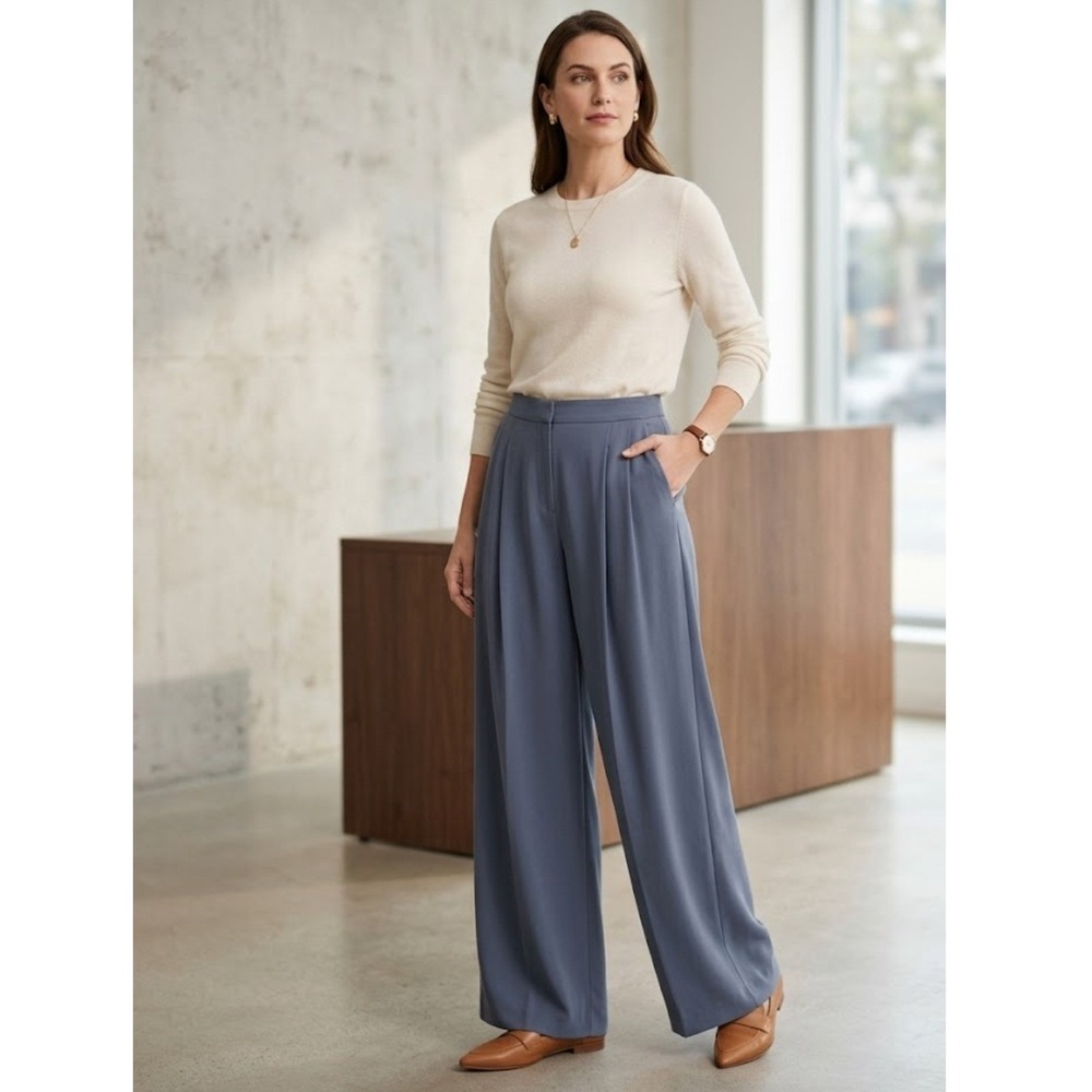 Jigsaw Slate Blue Wide Leg Pleated Crepe Office Trousers Pants Size US 12